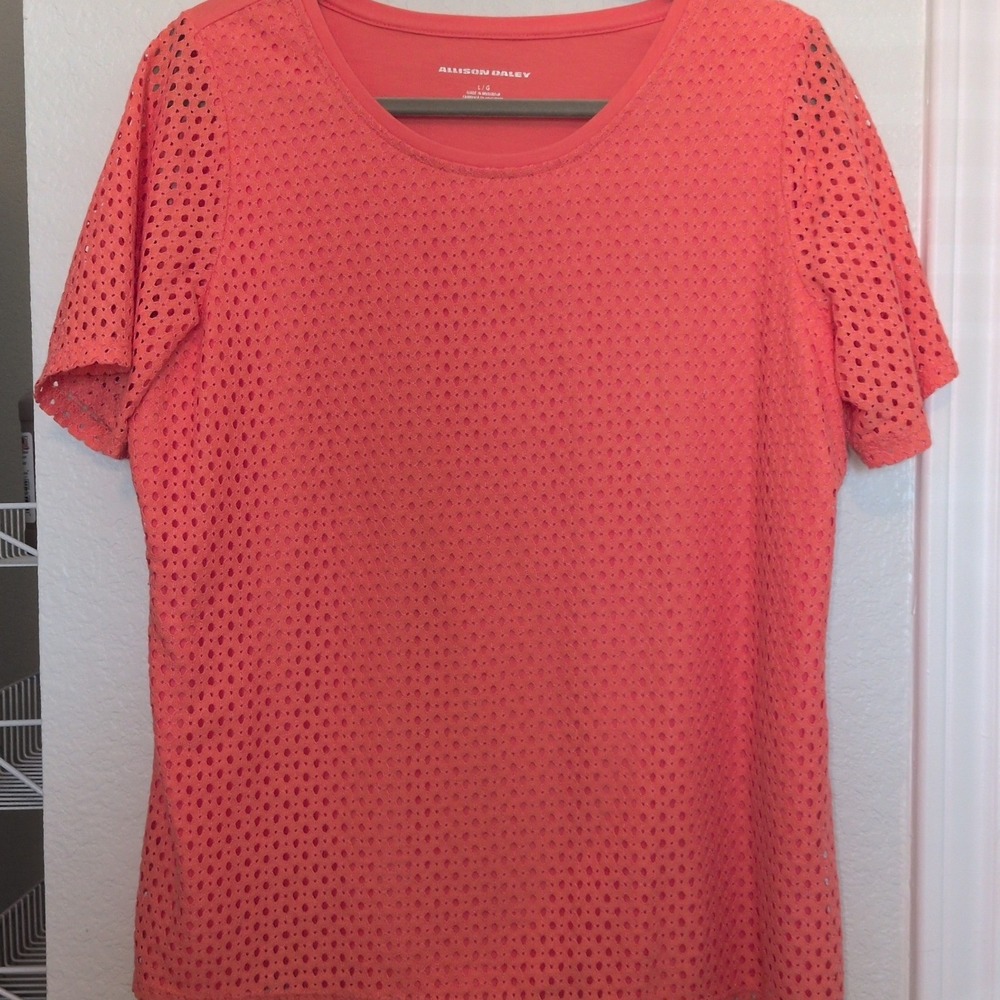 Allison Daley Top Women Large Coral Eyelet Lattice Front Short Sleeve Crew Neck